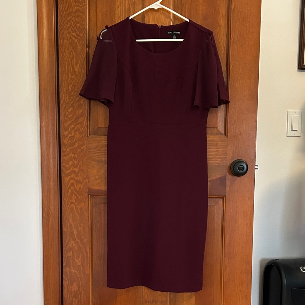 Nina Leonard S Deep Burgundy Midi sheath flutter sleeve dress